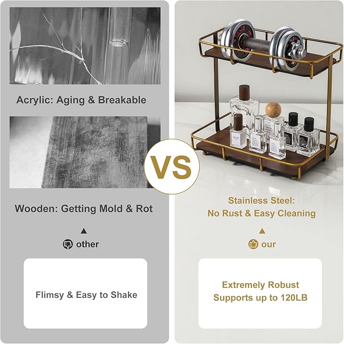 Bathroom Organizer Countertop Perfume Organizer Makeup Organizer Cosmetics Storage Display Rack Vanity Tray Dresser Stainless Steel Gold Shelf Wooden Tray