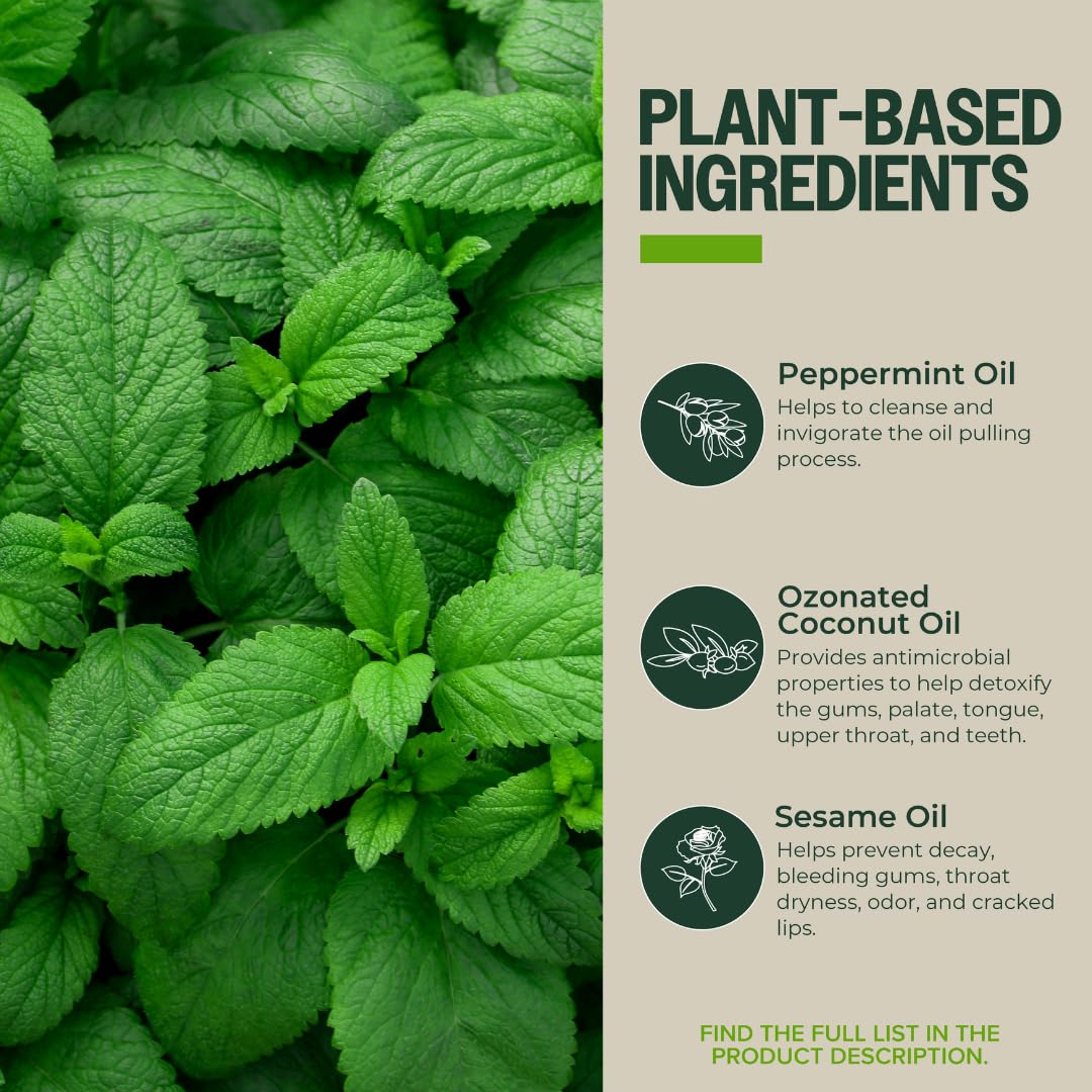 PurO3 Ozonated Oil Pulling Solution - Organic, Ozone Infused Coconut, Sesame, Sunflower, & Peppermint Essential Oils for Teeth & Gums - Fluoride-Free, Non-Toxic & Non-GMO Oral Care, 8 oz