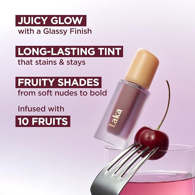 Laka Fruity Glam Tint, 4.5g/0.15oz, Glowing Lip Stain with Wide Color Spectrum, Hydrating & Lightweight Texture, Long-Lasting Bold Stain, Non-Sticky, Vegan, K-Beauty (#148 Acai)