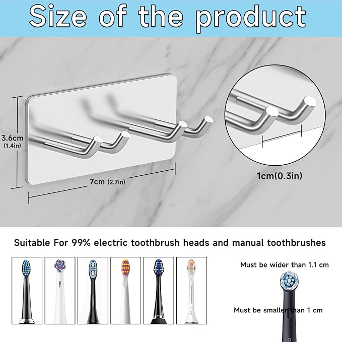 Toothbrush Holder Wall Mounted, Electric Toothbrush Head Holder SUS304 Stainless Steel Toothbrush Holders for Bathroom, Kids Tooth Brushing Holder Self Adhesive Toothbrush Organizer, Shower Hooks