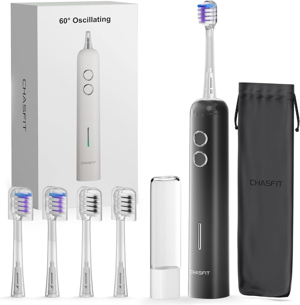 Electric Toothbrush Wave Oscillation & Vibration Sonic Tooth Brush for Adults BASS-Brushing Technique Travel Rechargeable Toothbrushes 4 Soft Bristle Replace Heads IPX7 Gifts for Men Women Black