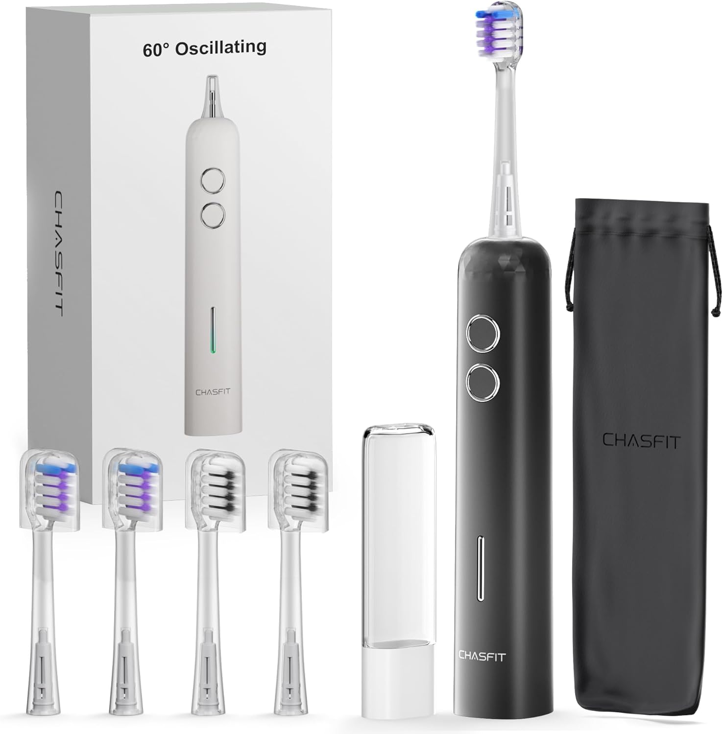 Electric Toothbrush Wave Oscillation & Vibration Sonic Tooth Brush for Adults BASS-Brushing Technique Travel Rechargeable Toothbrushes 4 Soft Bristle Replace Heads IPX7 Gifts for Men Women Black