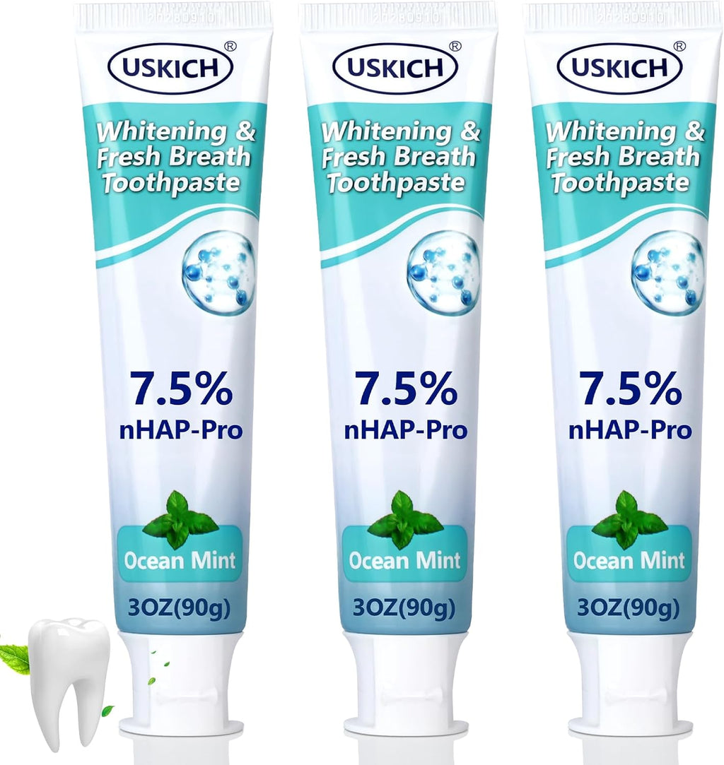 3 Pack Natural Whitening Fluoride Toothpaste,Whitening Toothpastes with Ocean Mint,Nano Hydroxyapatite Toothpaste, Appropriate for Sensitive Teeth - for Adult, Kids Oral Care,3 Oz Tubes