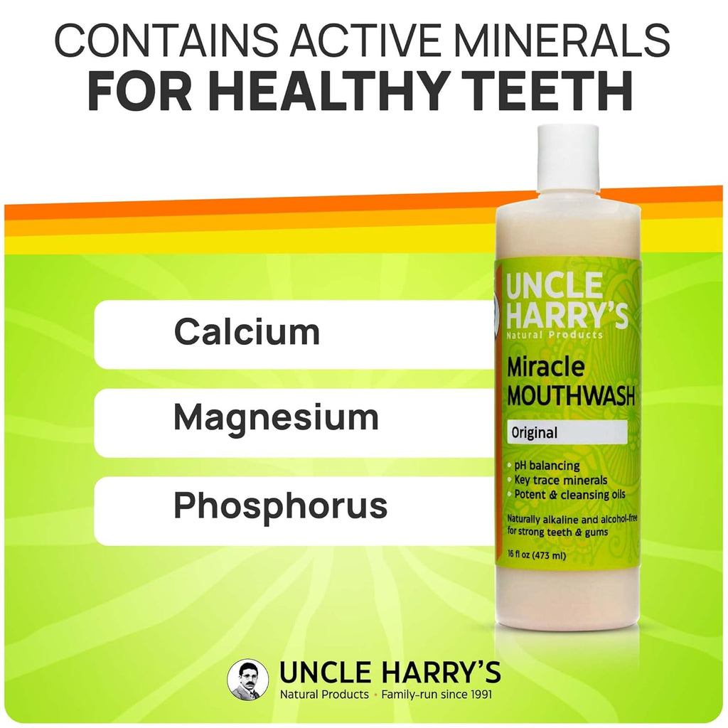 Uncle Harry's Natural Alkalizing Miracle Mouthwash | Adult & Kids Mouthwash for Bad Breath | pH Balanced Oral Care Mouth Wash & Mouth Rinse (16 fl oz)