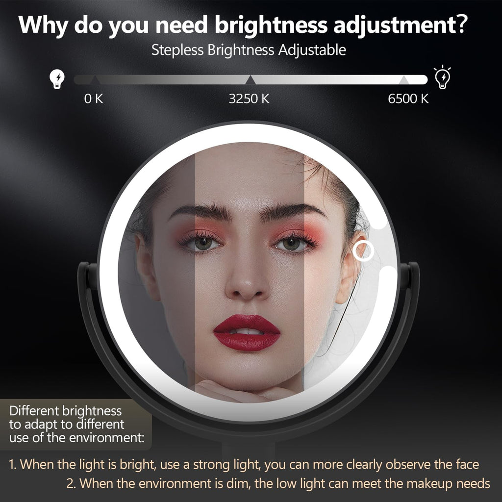 MIYADIVA Makeup Mirror with Lights, 30X Magnifying Mirror with Light and Touch Switch, Vanity Mirror with 3 Color Light and 80 LEDs, Height Adjustable Desk Mirror with Lights, Black