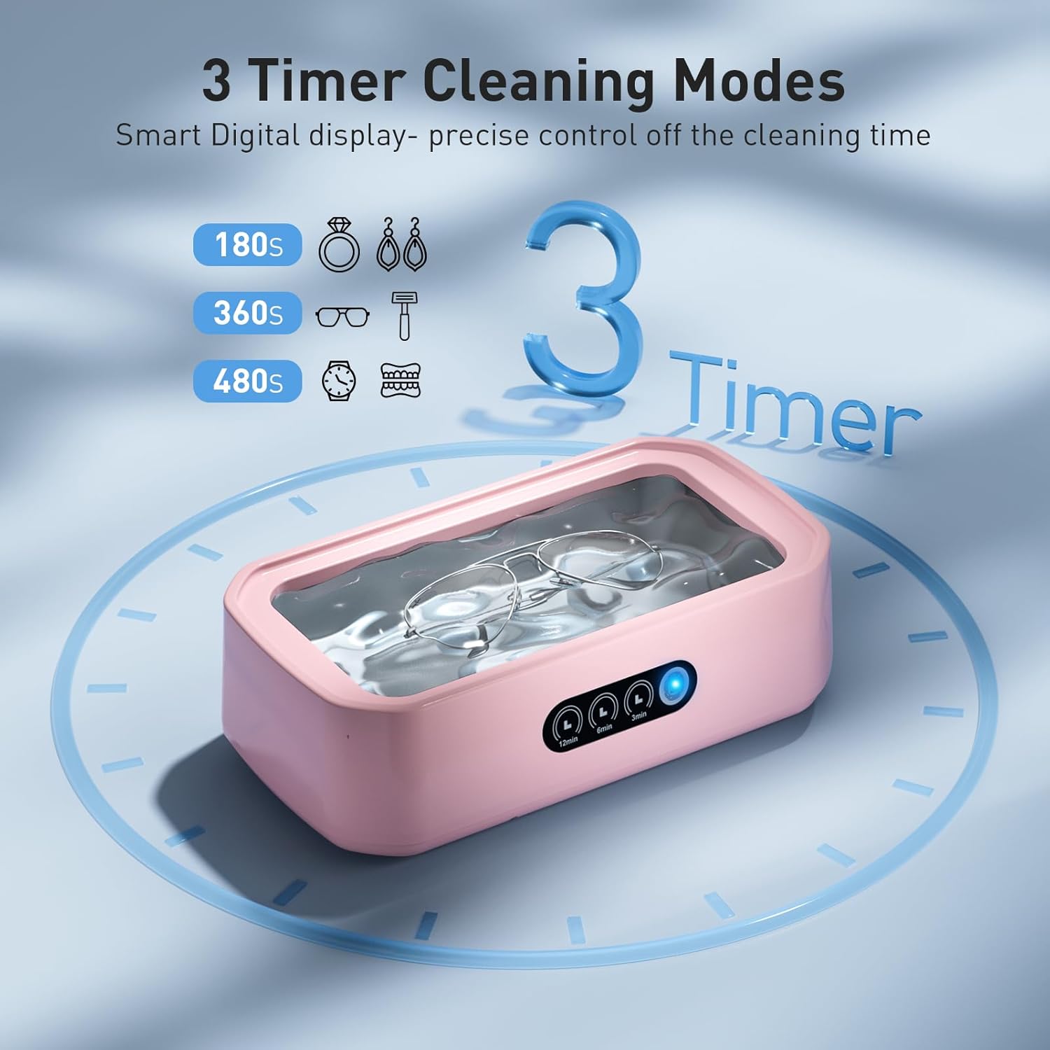 WINTERCRUSH Ultrasonic Retainer Cleaner for Tooth: 50KHz Jewelry Cleaner Deep Cleaning Machine - 650ML Dental Cleaning Pod for Dentures/Mouth Guards/Eyeglasses-3 Timers -Stainless Steel- Pink