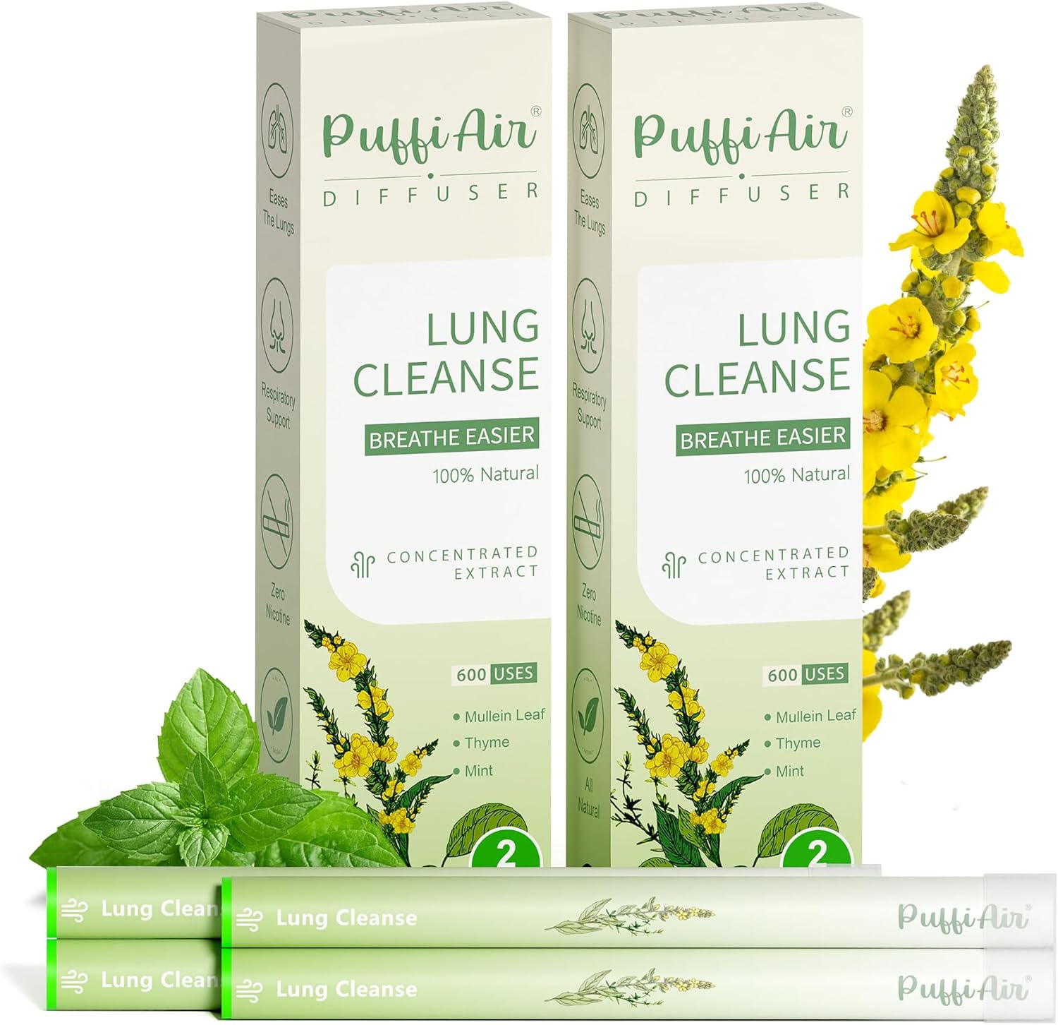 Herbal Diffuser Upgraded with Extracts of Mullein, Thyme and Mint for Cleansing Lungs, Improving Breathing and Oral Air Freshening (Green, 4 Sticks (Pack of 2))