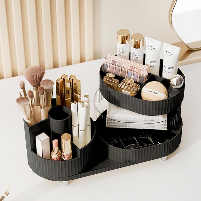 Rotating Vanity Organizer with Brush Holder and Drawer, 3 Layer Cosmetic Skincare Storage, Large Countertop Makeup Perfume & Lotions Display Case (Black)