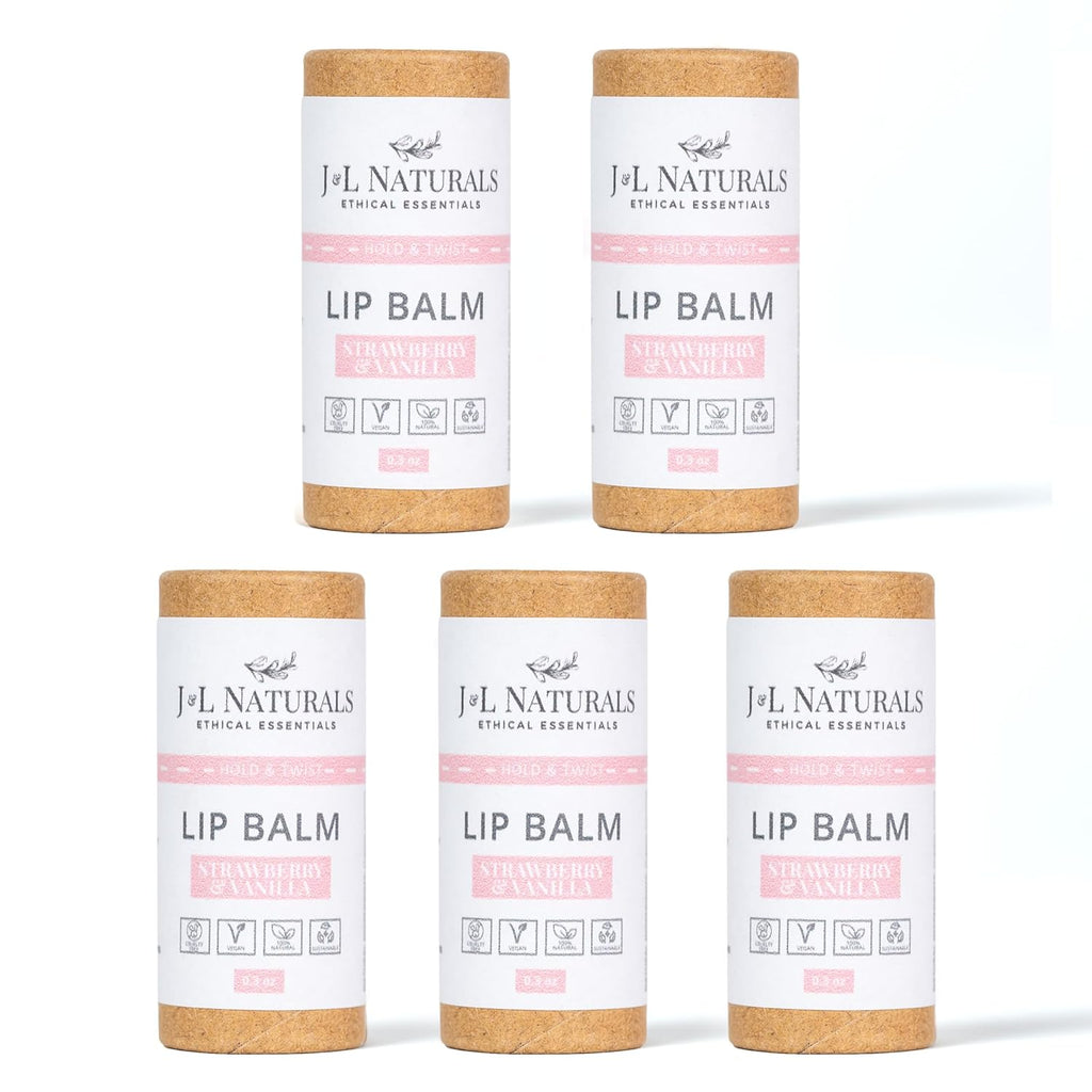 J&L Naturals Sustainable Lip Balm | Organic Ingredients, 100% Natural, Eco-Friendly | Cruelty Free, Vegan, Paraben Free, Silicone Free (Strawberry & Vanilla, 5-Piece Bundle)