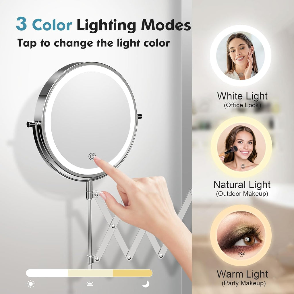 Rechargeable Wall Mounted Makeup Mirror - 8 Inch Double Sided 1X/30X Magnifying Mirror with 3 Color Lights Dimmable Touch Screen, 360°Swivel 19.6 Inch Extendable Accordion Bathroom Mirror - Chrome