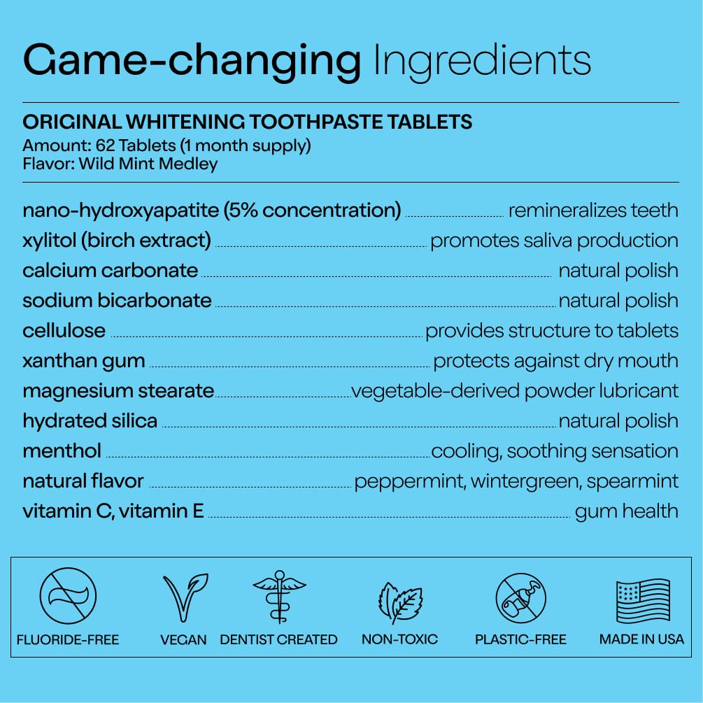 Duo Toothpaste Tablets | Nano-Hydroxyapatite (nHa) Natural Whitening, Remineralize, Reduce Sensitivity | Sustainable & Plastic Free | Dentist Created | Wild Mint Medley - 1 Bottle / 186 Tablets