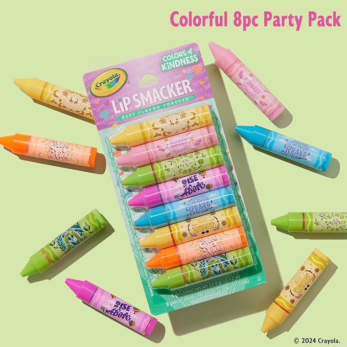 Lip Smacker Crayola Party Pack - 8 Moisturizing Lip Balms, Fun Flavors, Hydrating & Protecting, Glossy Finish - Cruelty-Free