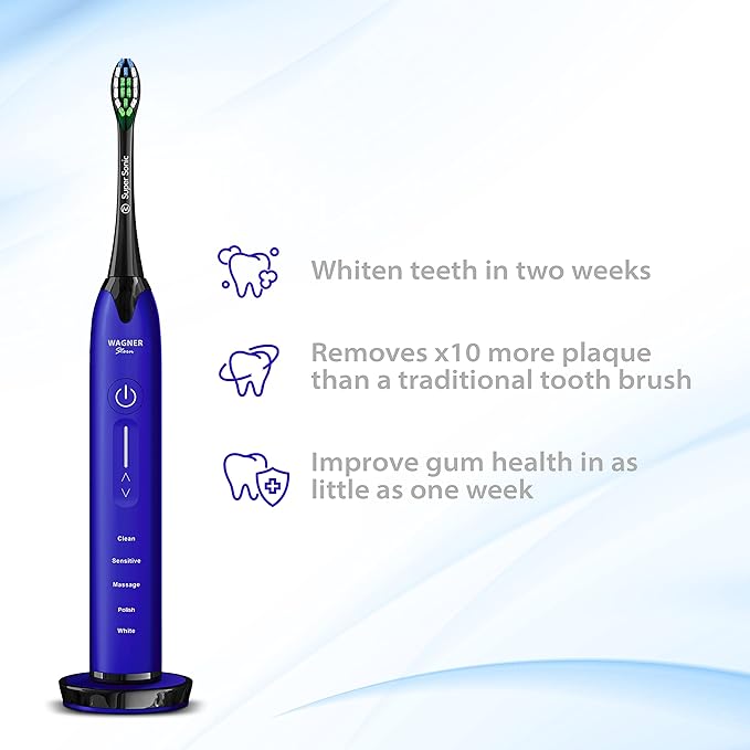 Wagner Stern Ultrasonic whitening Toothbrush with Pressure Sensor. 5 Brushing Modes and 4 Levels of Intensity, 8 Soft bristles, Travel case.