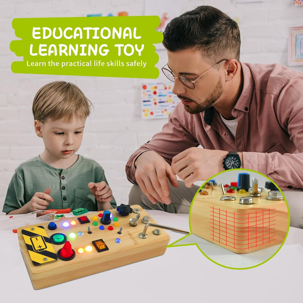 TenFans Montessori Busy Board with 8 LED Light Modes - Sensory Toys for 3-5 Year Olds & Airplane Travel, Wooden Activity Board Develops Fine Motor Skills