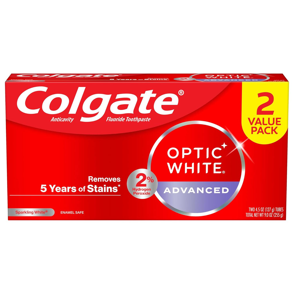 Colgate Optic White Advanced Hydrogen Peroxide Toothpaste, Teeth Whitening Toothpaste Pack, Enamel-Safe Formula, Helps Remove Tea, Coffee, and Wine Stains, Sparkling White, 2 Pack, 4.5 oz