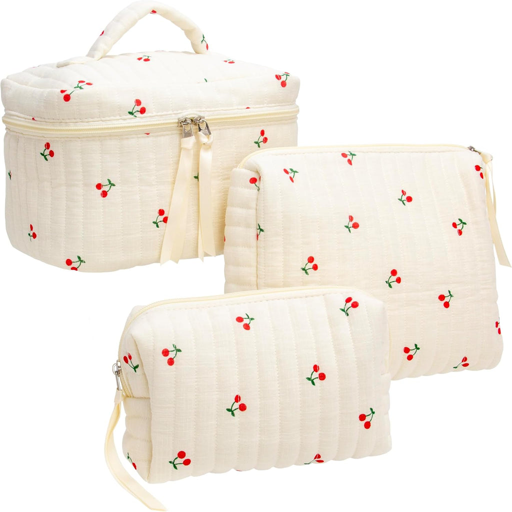 PAZIMIIK 3PCS Makeup Bag SET Large Travel Quilted Zipper Soft Cosmetic Case Pouch for Women Girls Make Up,Cherry Beige