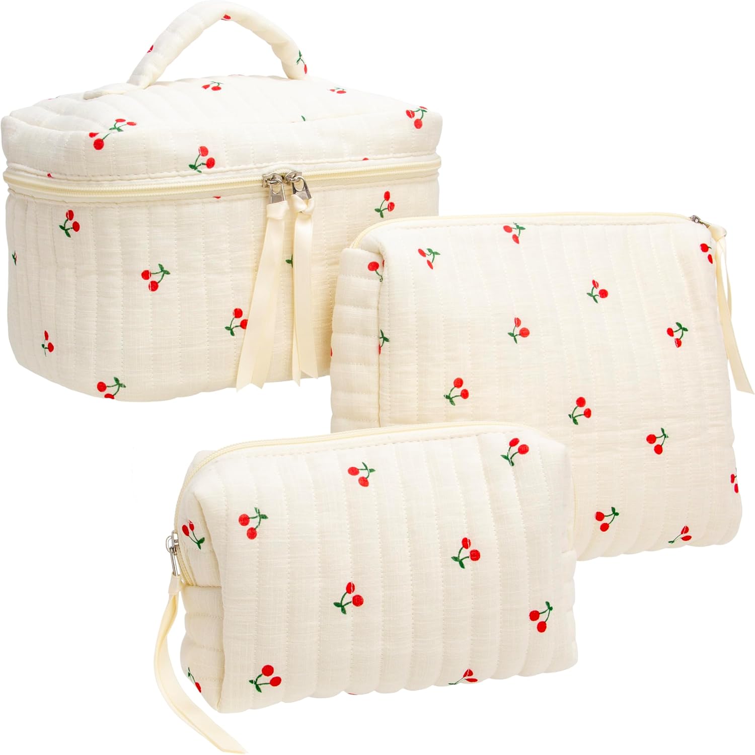 PAZIMIIK 3PCS Makeup Bag SET Large Travel Quilted Zipper Soft Cosmetic Case Pouch for Women Girls Make Up,Cherry Beige