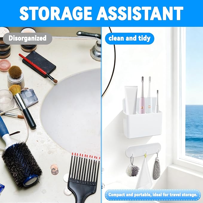 Magnetic Toothbrush Holder with Hook Rack for Cruise Ships, White Wall Mounted Detachable Grid Toothbrush Organizer with Magnetic Hooks, Cruise Bathroom Essentials Travel Accessories