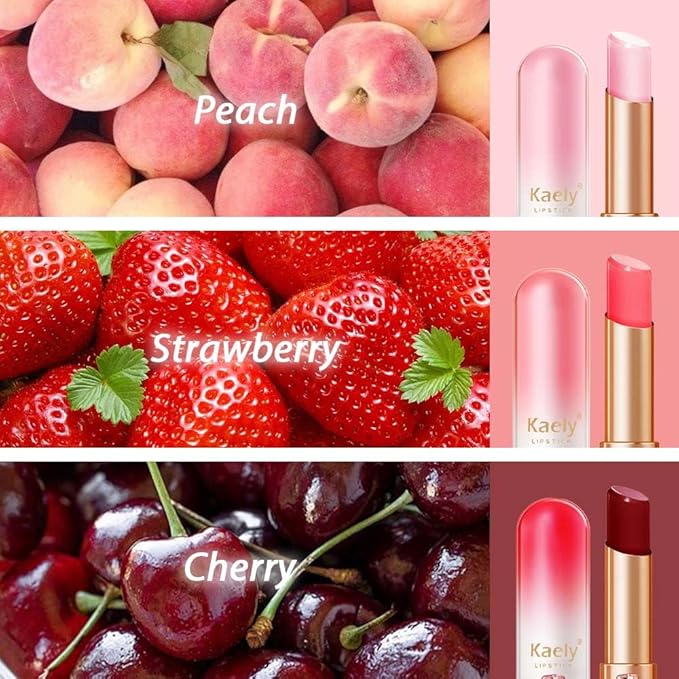BINGBRUSH Peach Color Changing Lipstick,Moisturizer Long Lasting Lip Care Lip Balm Magic Lip Gloss Lip Tint Stain Gloss Set for Women (3Pcs Peach+Strawberry+ Red Cherries Lipstick)