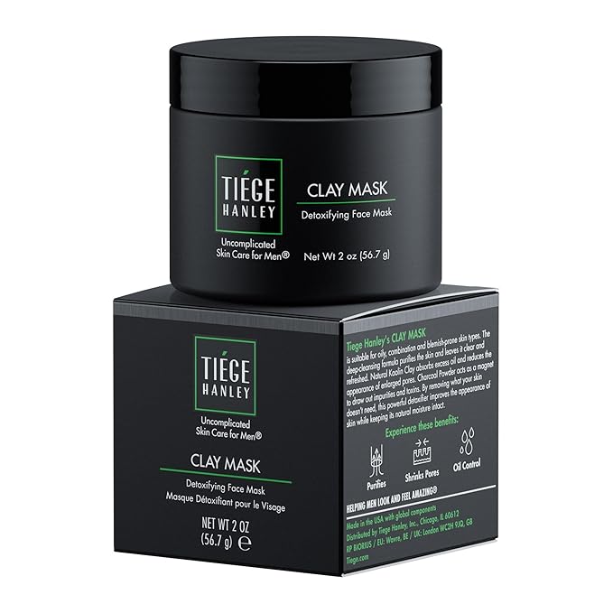 Tiege Hanley Detoxifying Facial Clay Mask for Men, Deep Pore Cleansing Charcoal Face Mask With Natural Kaolin Clay and Aloe, Absorbs Oil & Reduces Appearance of Pores, Men’s Skin Care, 2 Oz