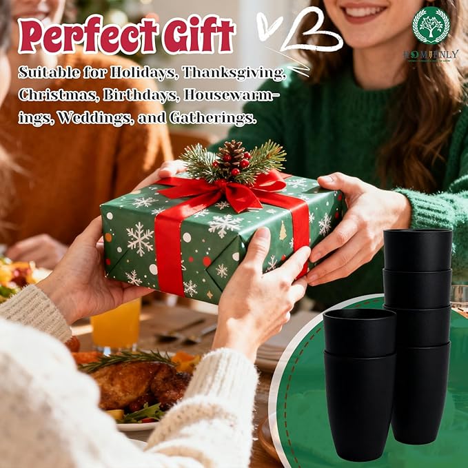 Homienly Wheat Straw Cups, 20 OZ Drinking Cups Set of 6, Plastic Cups Reusable, Stackable Kitchen Cups Set, Dishwasher Safe Water Glasses, Unbreakable Drinking Glasses for Camping, Traveling - Black