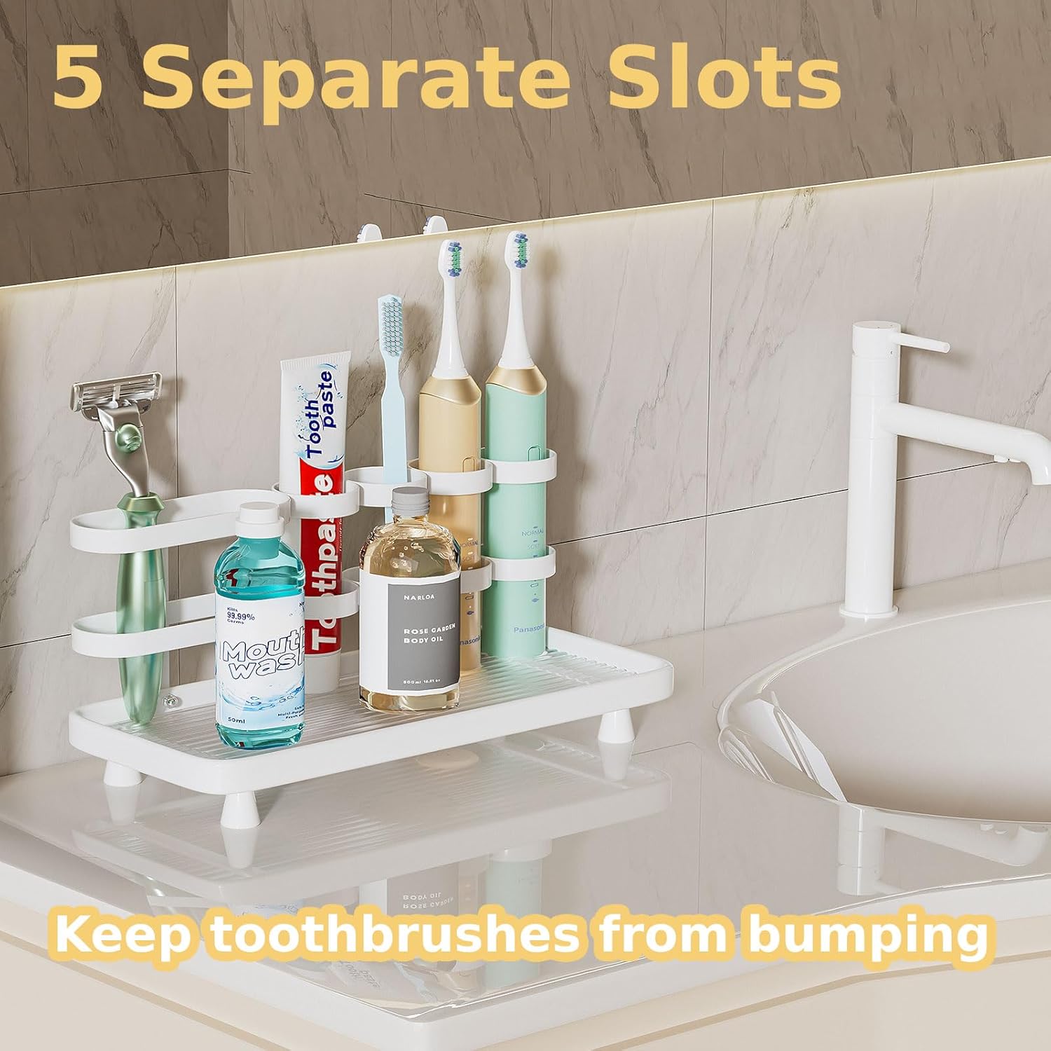 Electric Toothbrush Holder for Bathroom Countertop 5 Metal Slots Toothpaste Razor Mouthwash Organizer, White