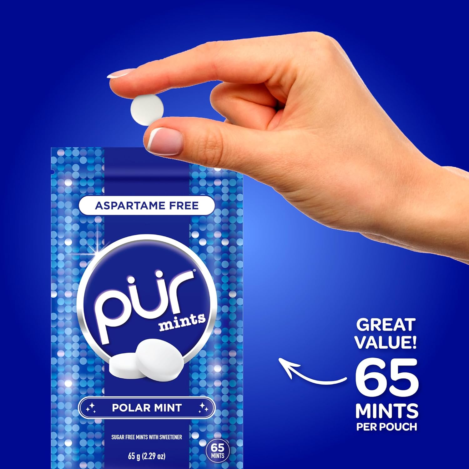 PUR Mints | Aspartame Free Breath Mints | Made with Xylitol | Sugar Free, Vegan, Gluten Free | Natural Polar Mint Flavor | 65 Pieces in Re-Sealable pouch (Pack of 1)