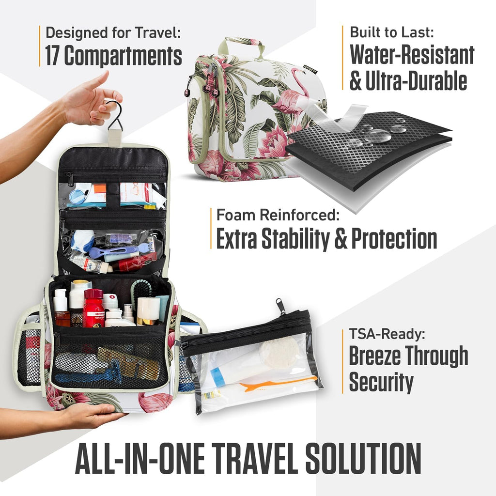 VENTURE 4TH Hanging Travel Toiletry Bag for Women & Men - Travel Organizer with Expandable Compartments & Removable Clear Pouch for Toiletries (Pink Flamingo)