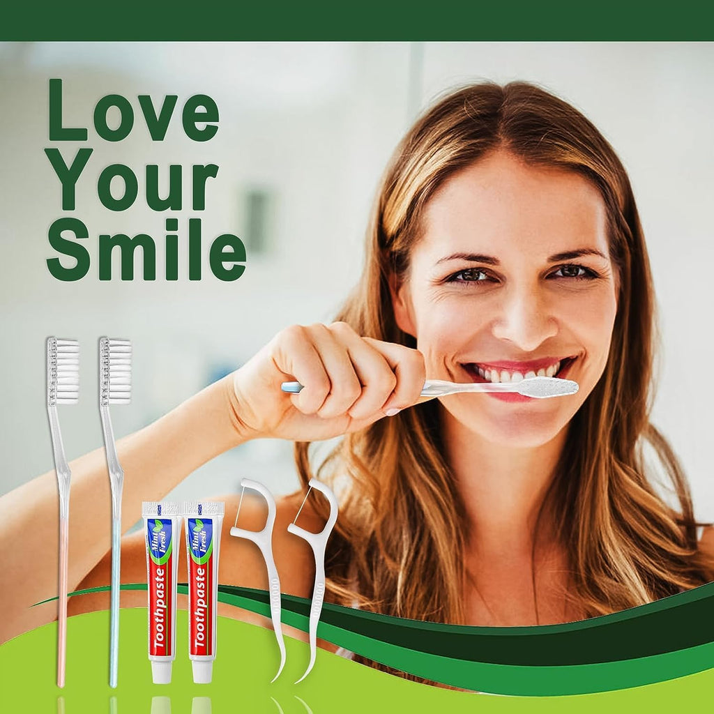 100pcs Disposable Toothbrushes with Toothpaste Floss Individually Wrapped, 2 Color Disposable Toothbrush, 10g Toothpaste, Floss Pick, Bulk Toothbrush Kit for Homeless,Airbnb,Hotel