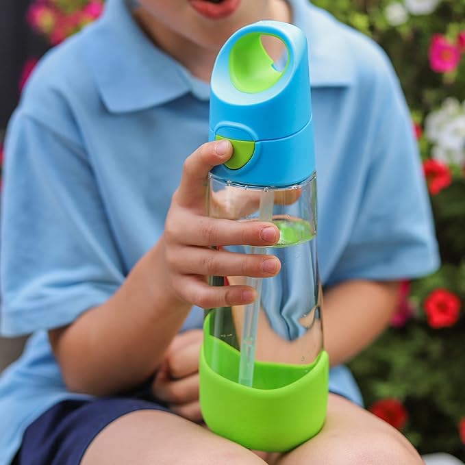 b.box 20oz Tritan Kids Water Bottle –Toddler Drink Bottle with Straw for School, Daycare, Travel w/Easy-Grip Triangular Design, Leak Proof Lid & Handle, BPA Free, Dishwasher Safe (Ocean Breeze)