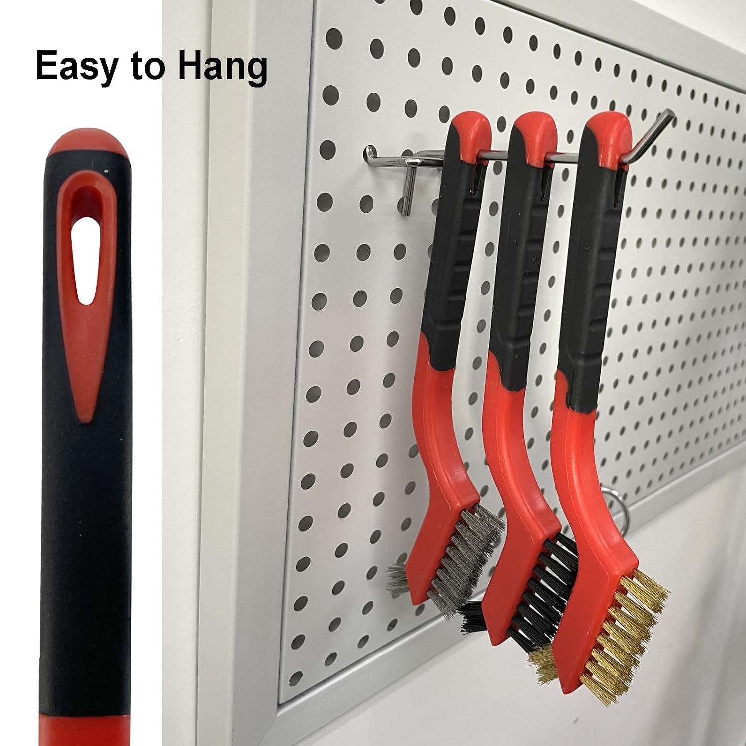 3Pcs Mini Wire Brush Set, Stainless Steel/Brass/Nylon Bristles Wire Brushes, Curved Handle Soft Grip for Rust, Dirt & Paint Scrubbing with Deep Cleaning – 7 Inches (Red)