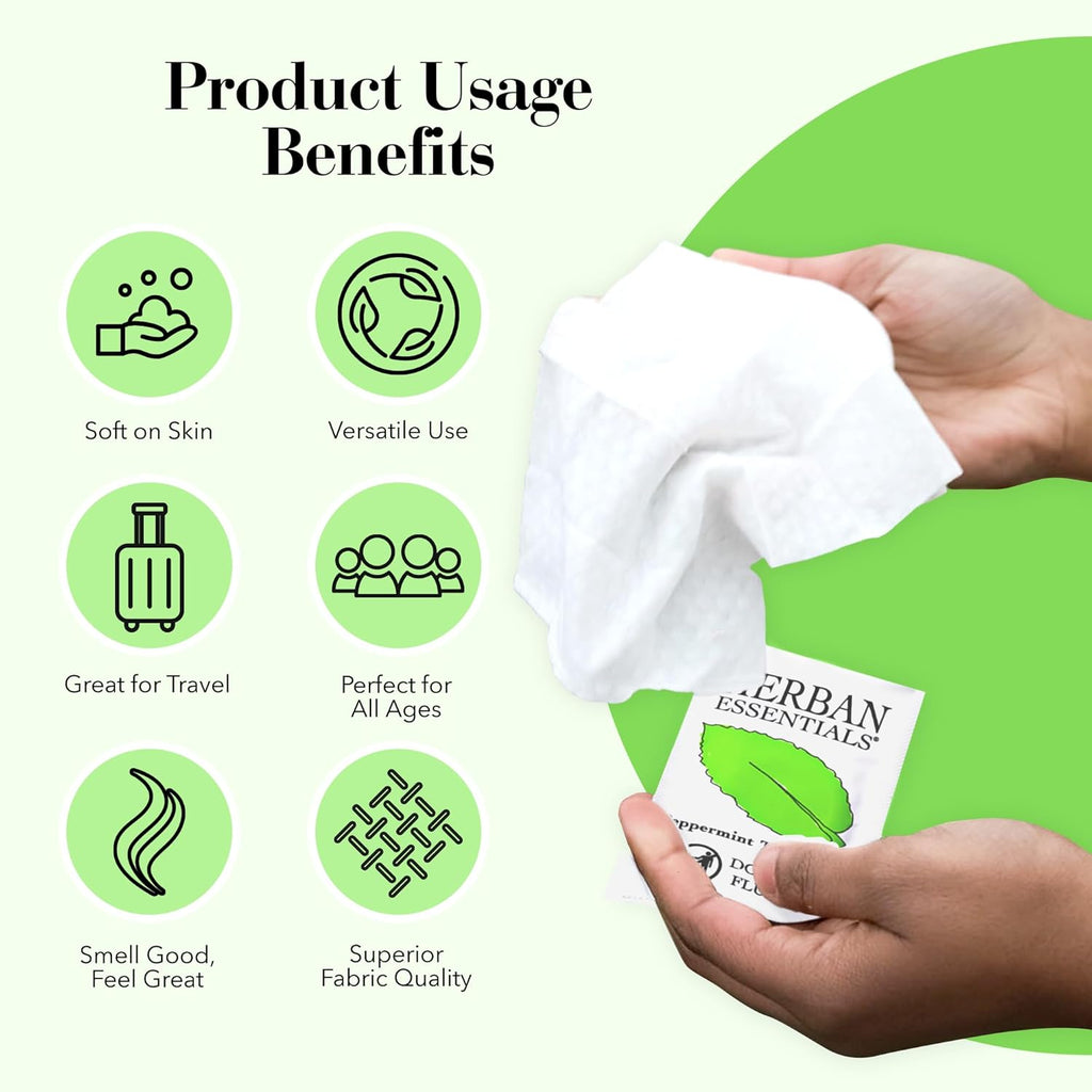 Herban Essentials - Peppermint Wipes & Towelettes - Essential Oil Wipes for Hands & Body - Travel Size Essentials and Toiletries - Natural, Individually Wrapped, Disposable & Moist Refresh (7 count)