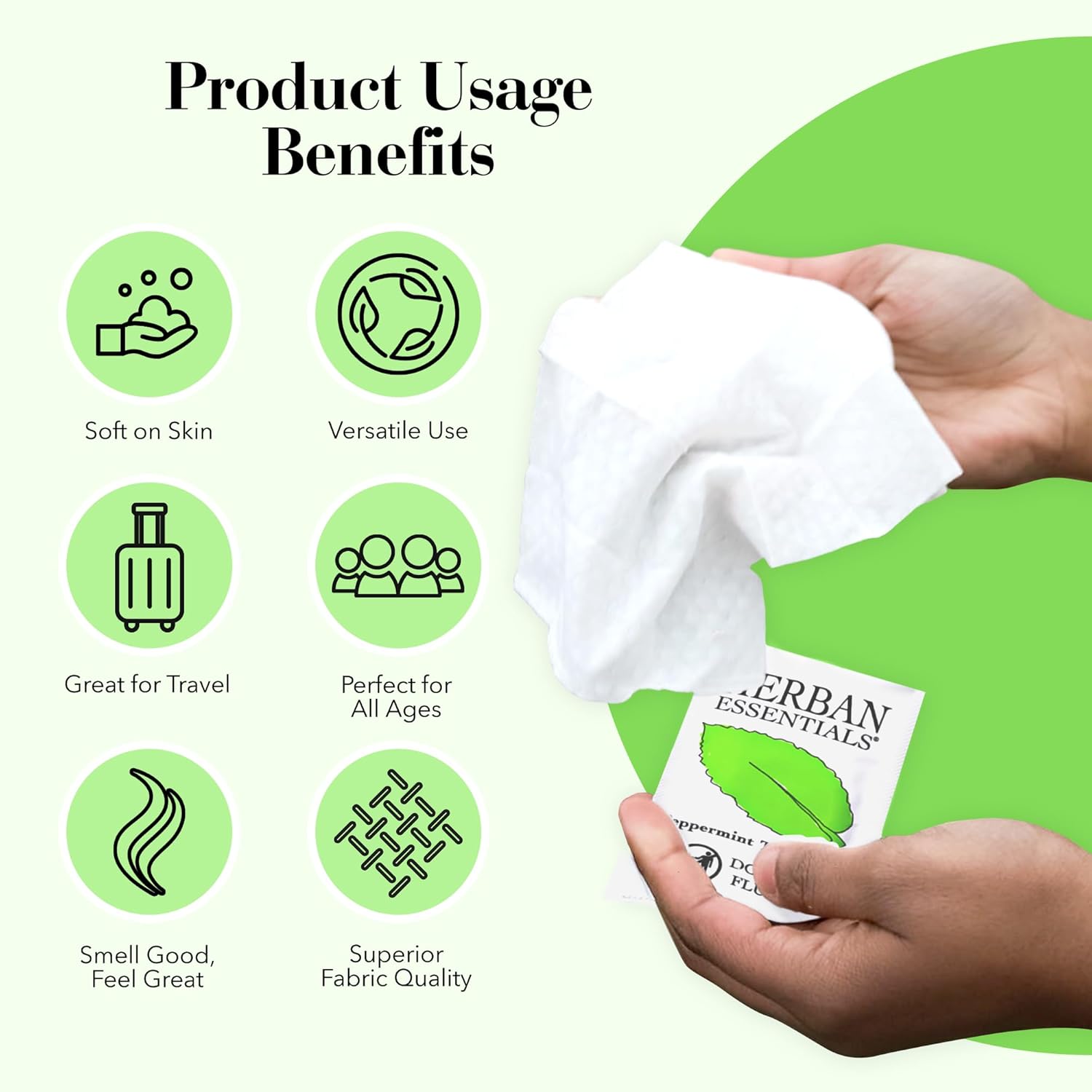Herban Essentials - Peppermint Wipes & Towelettes - Essential Oil Wipes for Hands & Body - Travel Size Essentials and Toiletries - Natural, Individually Wrapped, Disposable & Moist Refresh (7 count)