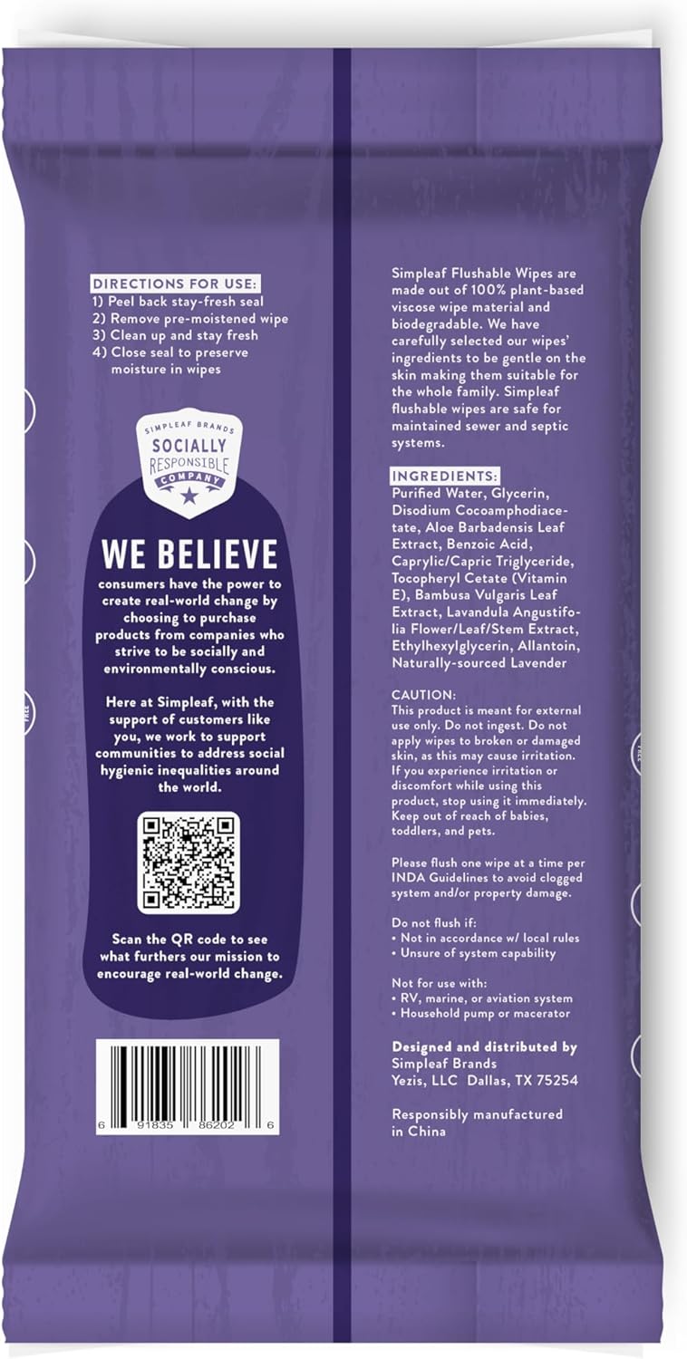 Simpleaf Flushable Wet Wipes Lavender | Plastic Free, Paraben & Alcohol Free | Hypoallergenic & Safe for Sensitive Skin | Soothing Aloe Formula | Adult Toilet Wipes (6 x 50 Counts Pack) 300 Counts