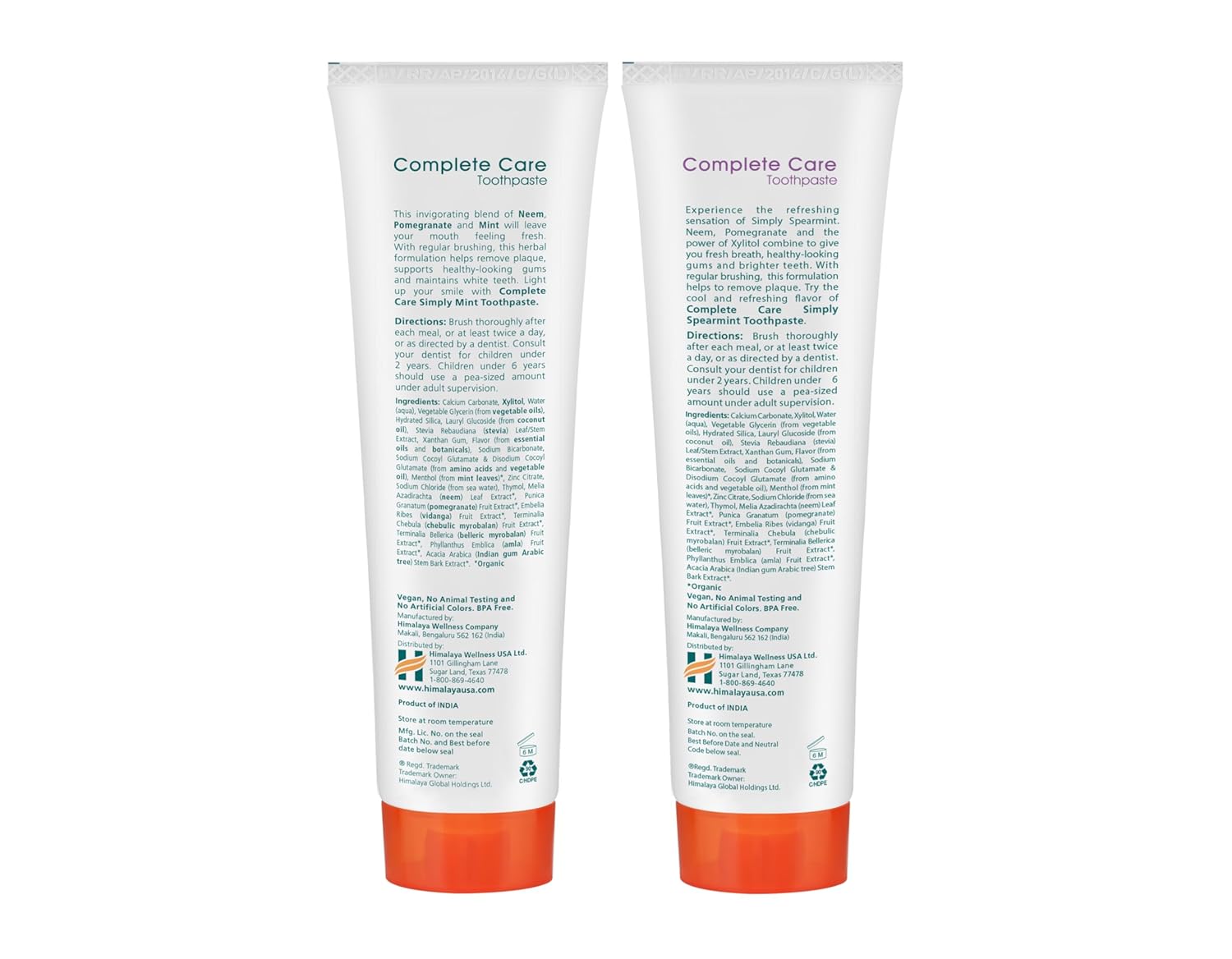 Himalaya Botanique Complete Care Toothpaste, Herbal, Variety Pack, Mint and Spearmint Flavor, Fights Plaque, Freshens Breath, Fluoride Free, No Artificial Flavors, SLS Free, Cruelty Free, 5.29 Oz