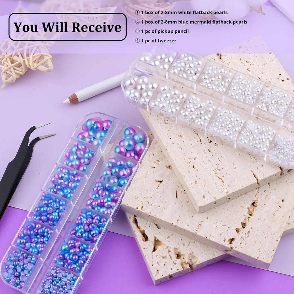 2 Boxes Flat Back Pearls Kit 14 Flatback White&Blue Mermaid Half Round Pearls 2-8mm with Pickup Pencil and Tweezer for Home DIY and Nail Art, Face Makeup and Craft