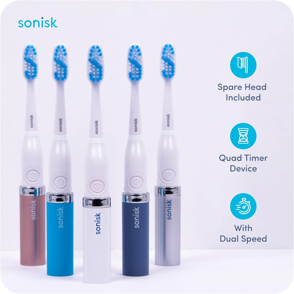 Sonisk Pulse | Battery Powered Electric Toothbrush | Sonic Technology | 1x Battery, 2X Brush Heads, 1x Travel Case Included | 31,000 Strokes Per Minute | Portable Size | Metallic Silver