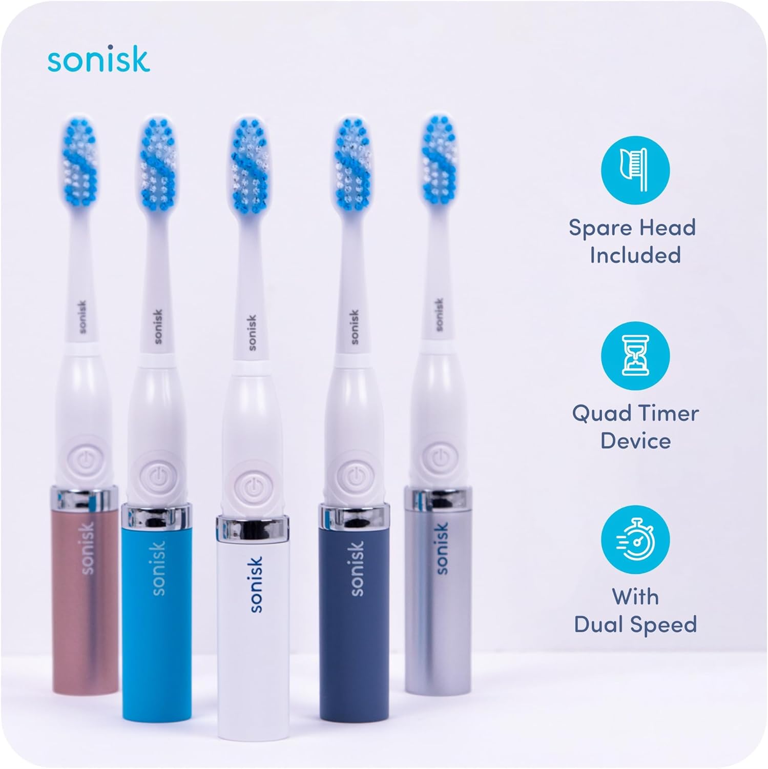 Sonisk Pulse | Battery Powered Electric Toothbrush | Sonic Technology | 1x Battery, 2X Brush Heads, 1x Travel Case Included | 31,000 Strokes Per Minute | Portable Size | Metallic Silver