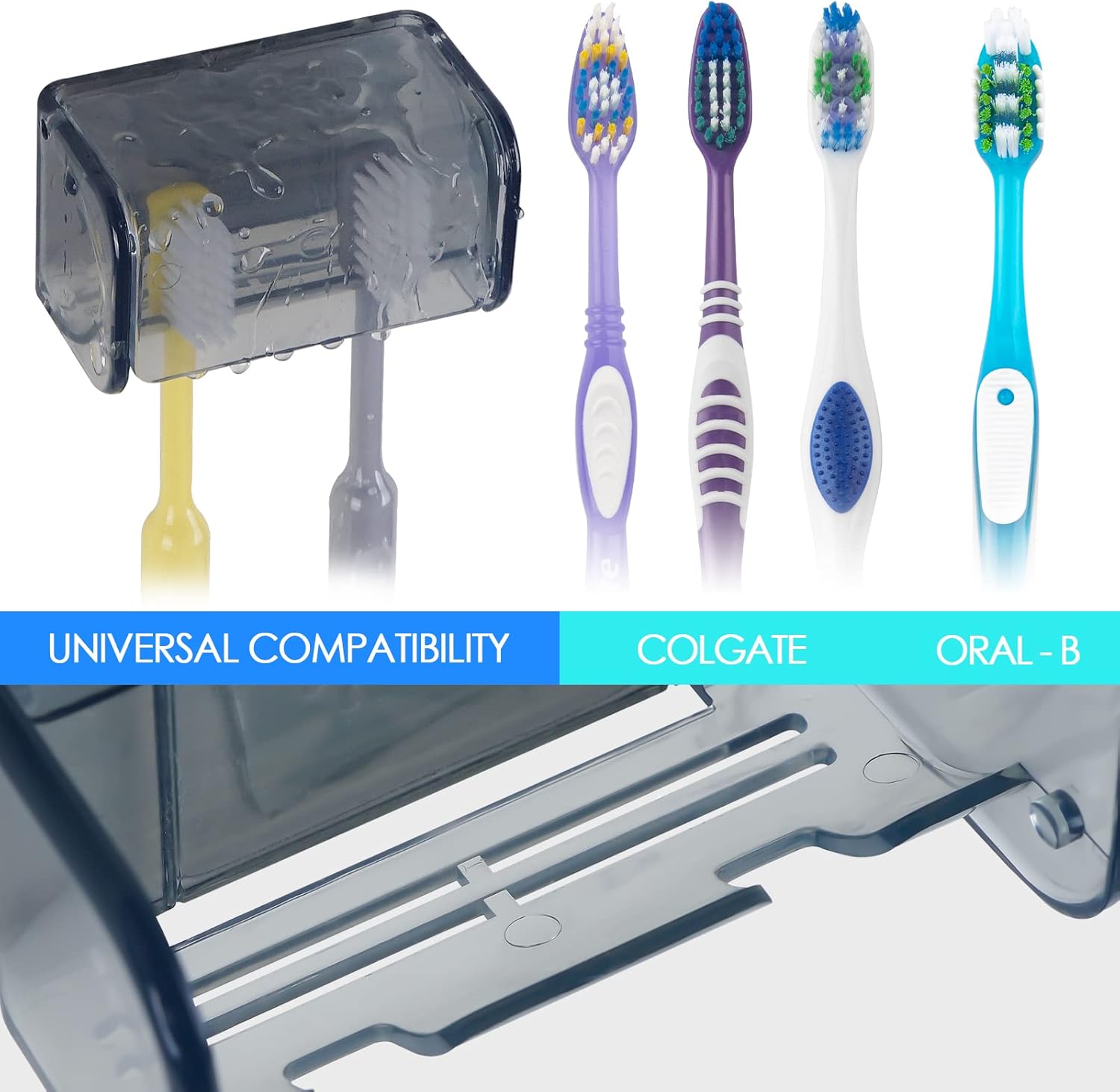 2 PCS Toothbrush Holder Wall Mounted with Cover for Bathroom, 2 Slots Toothbrush Storage Organizer for Shower, Self Adhesive Toothbrush Hanger Rack for Dorm, Cabinet (Grey)