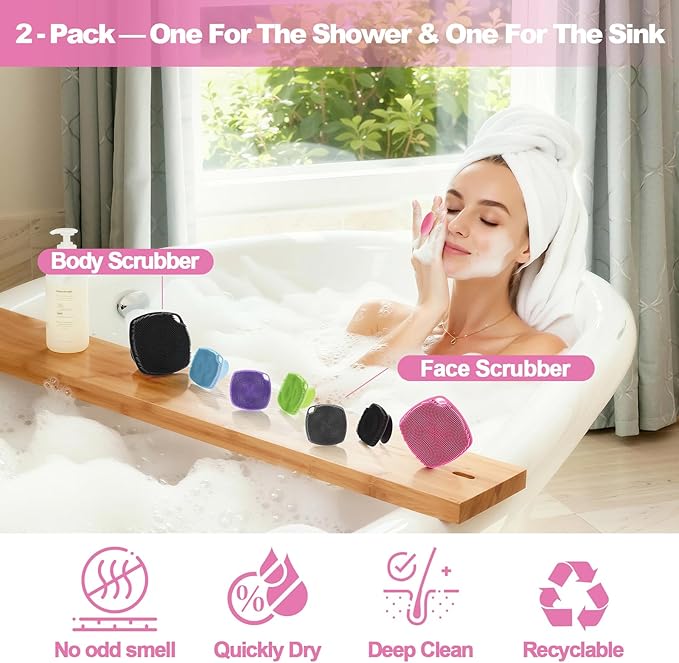 2 Pack Face Scrubbers, Silicone Face Scrubber Soft Bristles, Gentle Lather, Exfoliating & Deep Cleaning for Sensitive Skin, Giant Suction Cup Stick Securely, Easy to Store (Pink + Blue)
