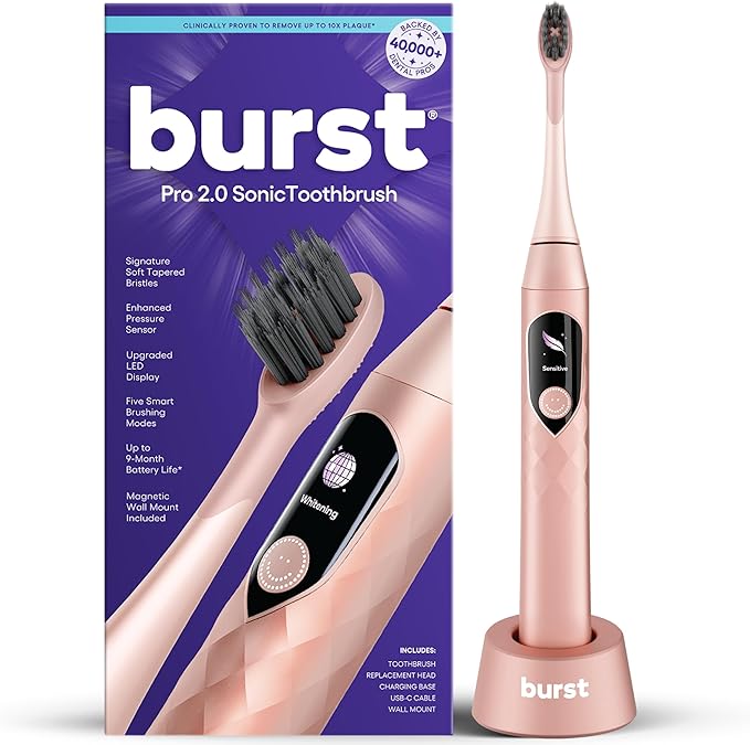 Burst Pro 2.0 Sonic Toothbrush for Adults (Rose Gold) | Electric Toothbrush with Smart Pressure Sensor | Soft Bristles | 5 Modes/Refined Scoring System | USB-C Charging | Magnetic Wall Mount