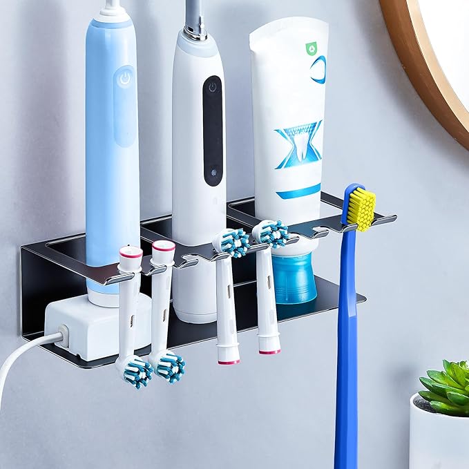 Electric Toothbrush Head Holders, Electric Toothbrush Holders Wall Mounted, Shower Electric Head Holder, Toothbrush and Toothpaste Holder, Adhesive Tooth Brushing Holder for Bathroom (Black, Large)