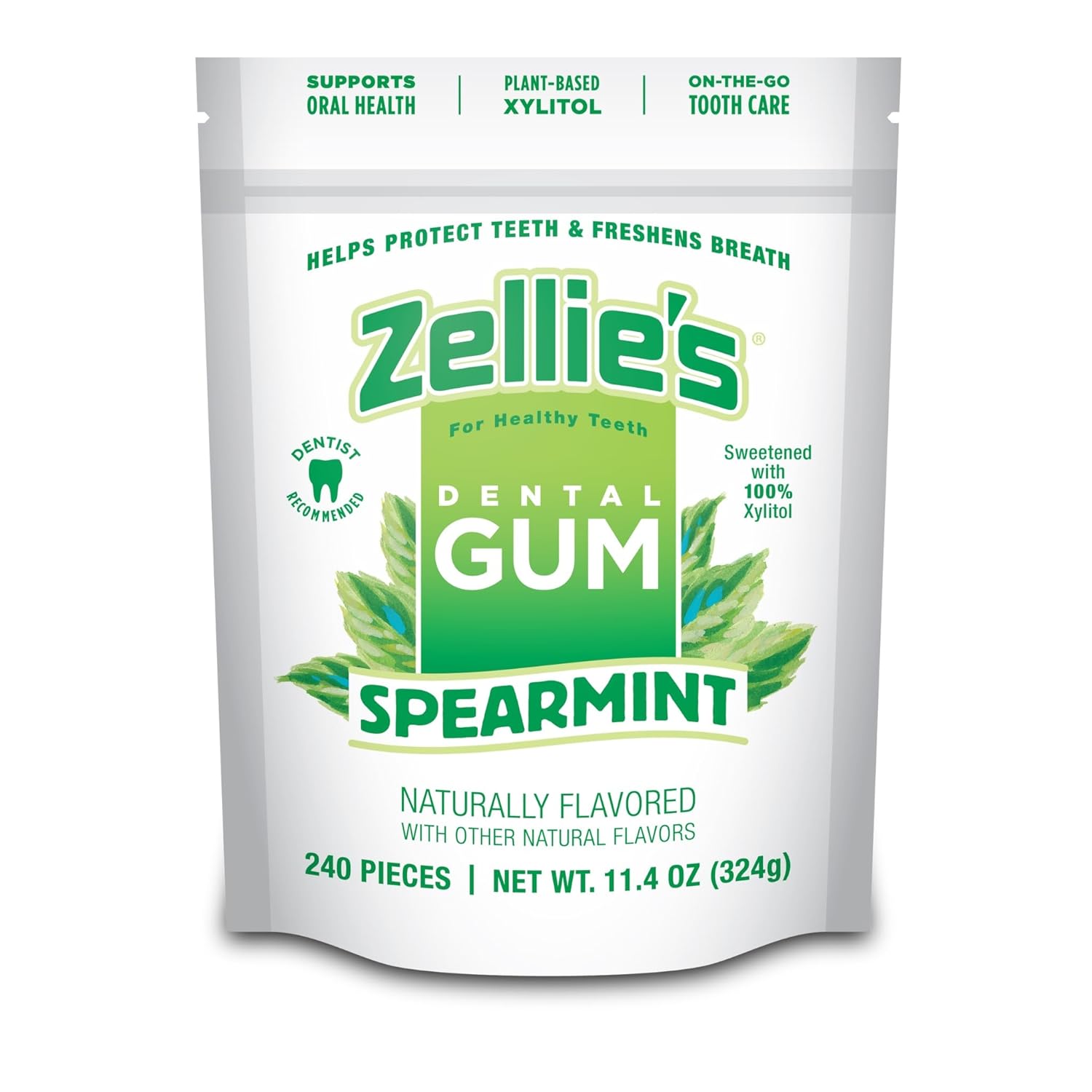 Zellie's | 100% Xylitol Spearmint Chewing Gum | No Aspartame, Gluten Free, Vegan & Kosher (240 Count - Pack of 1)