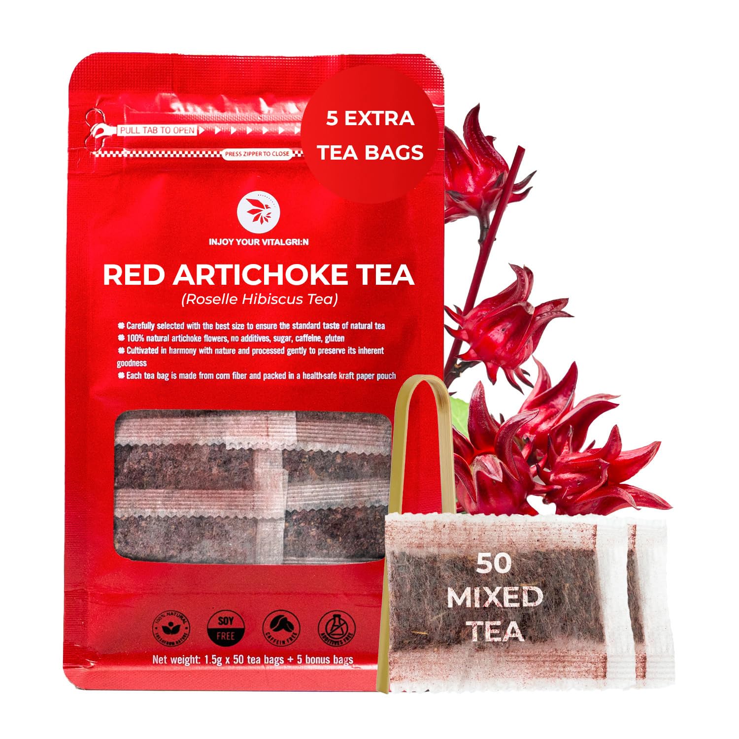 INJOY YOUR VITALGRI:N Roselle Hibiscus Tea Bags - 55 Count (+5 Tea Bags), Bamboo Tong Included - 4.16 oz, Re-Steep Red Artichoke Tea Herbal Blend, Vitamin A, C, D, Detox, Support, Atiso