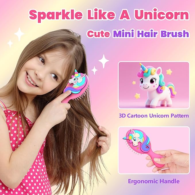 Toddler Hair Brush – Pink Mini Air Cushion Brush for Kids, Little Girls & Princesses – Gentle Detangling Comb for Wet & Dry Hair, Unicorn Hairbrush for Girls, Travel-Friendly