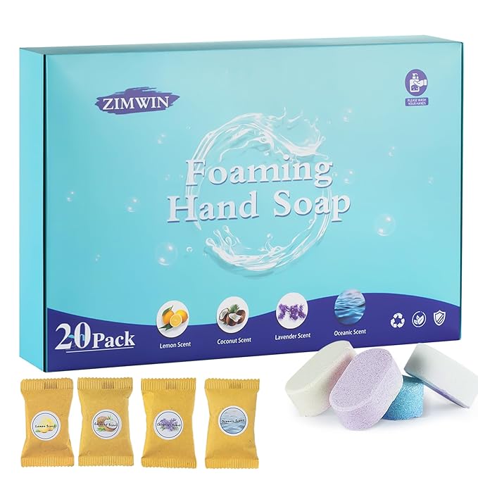 20 Pack Foaming Hand Soap Tablet Refills, 4 Scent, 12g Big Tablets, Makes 240 fl oz Soap Total, Eco Friendly Hand Wash Tablets Lemon, Coconut, Oceanic, Lavender Fragrance