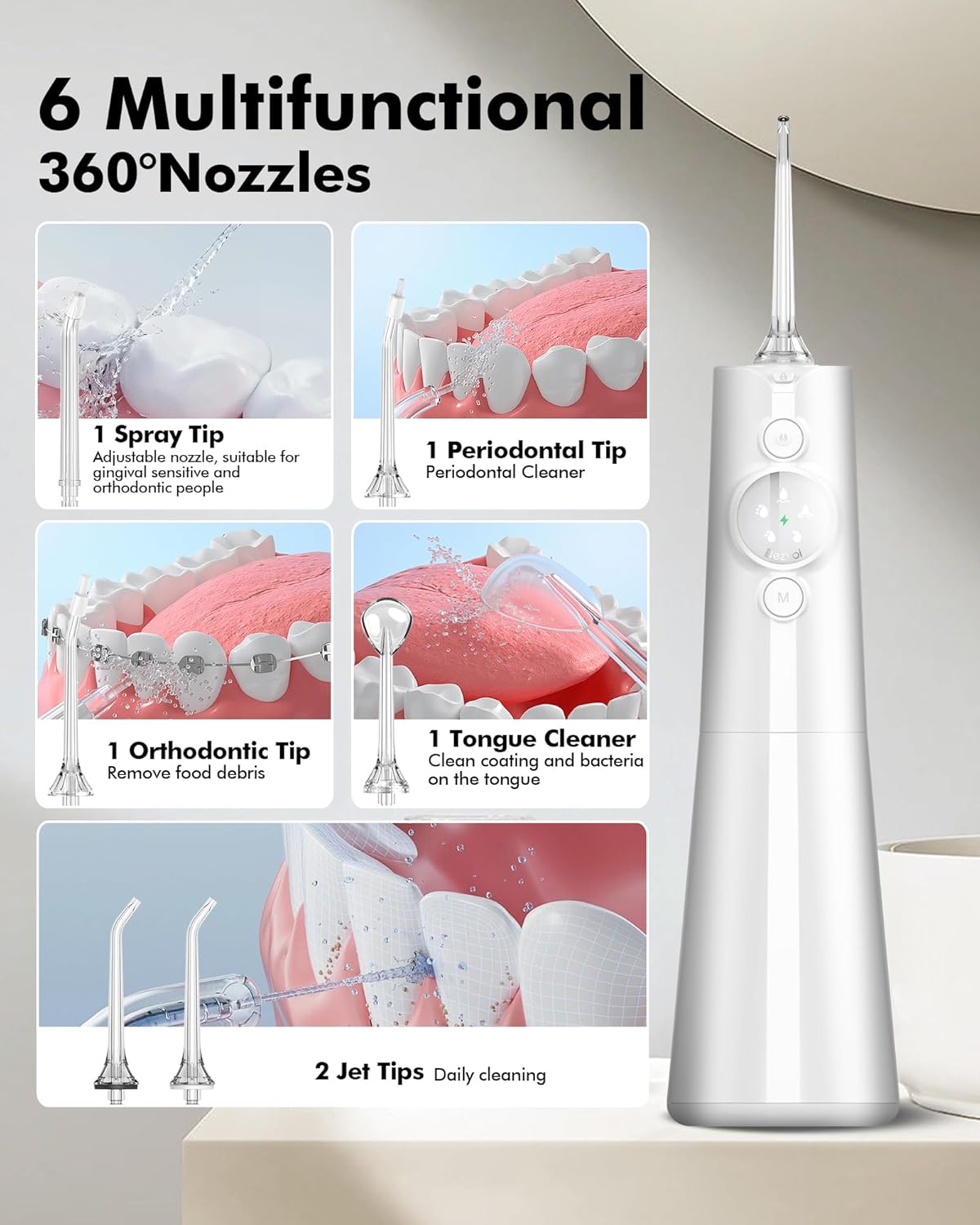 Water Flosser Teeth Pick: LED Display 5 Modes Cordless Dental Pick with 300ML Tank for Braces,Gums Care, IPX7 Waterpoof, 6 Jet Tips Water Flossing Cleaning Picks, Portable for Travel, Home, Y215 White