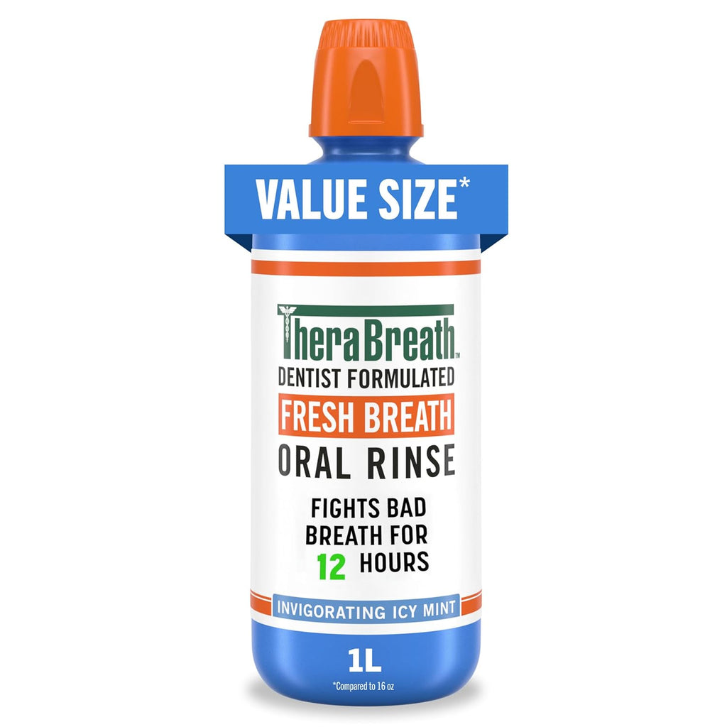 TheraBreath Fresh Breath Oral Rinse, Invigorating ICY Mint Flavor, Dentist Formulated and ADA-Accepted Mouthwash for Bad Breath pH-Balanced, Alcohol Free & Non-Burning, 1 Liter