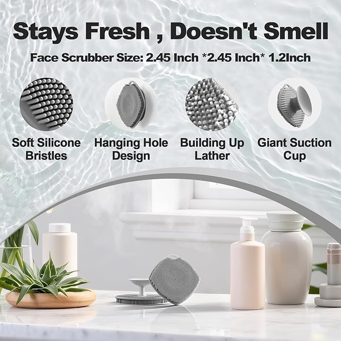 2 Pack Face Scrubbers, Silicone Face Scrubber Soft Bristles, Gentle Lather, Exfoliating & Deep Cleaning for Sensitive Skin, Giant Suction Cup Stick Securely, Easy to Store (Gray)