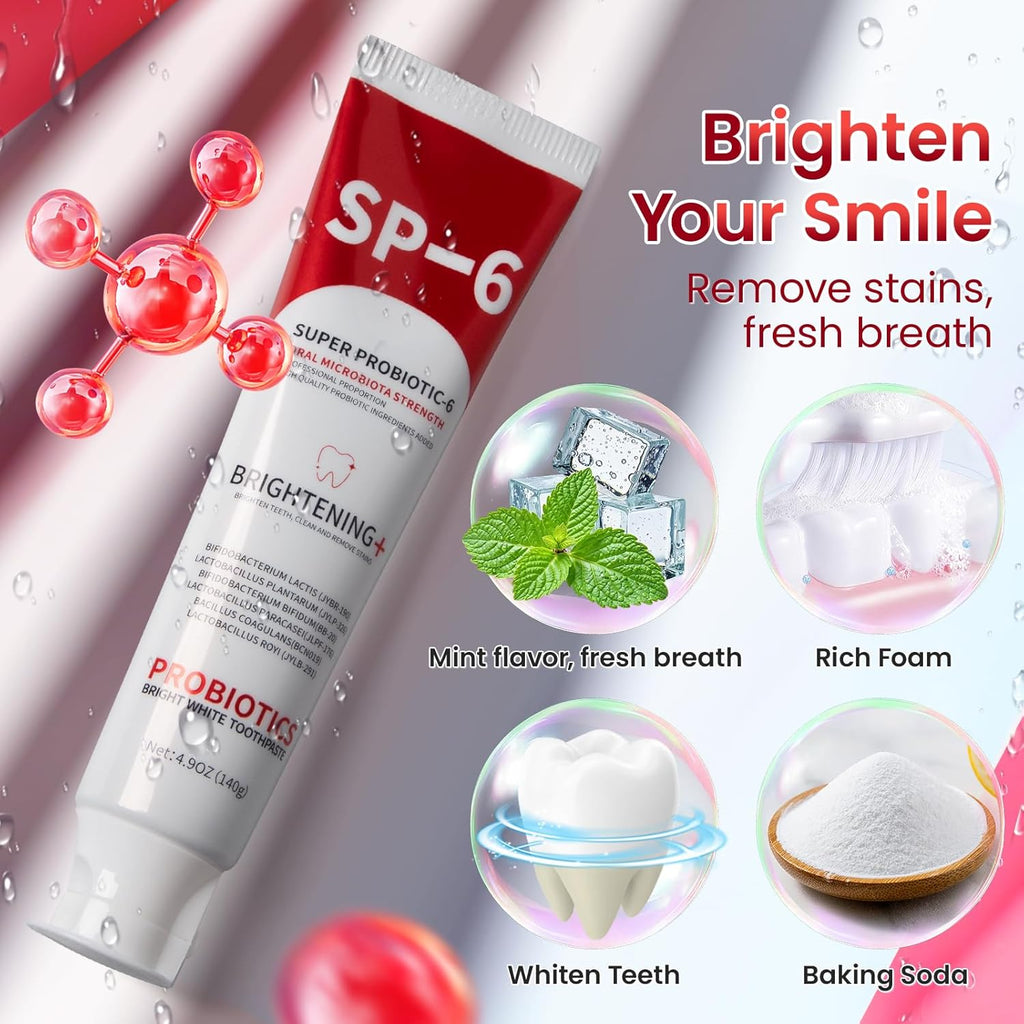 SP-6 Probiotic Whitening Toothpaste, SP-6 Probiotic Toothpaste, Enhanced Formula with 6 Probiotics for Teeth Whitening/Brightening, Enamel-Safe, Fluoride-Free, Fresh Mint Flavor, 4.9oz (1)